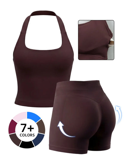 Women'S Yoga 2-Piece Set, Breathable Sporty Halter Top & High-Waisted Seamless Butt-Lift Shorts, Plain Color Athletic, Athleisure Summer Clothes
