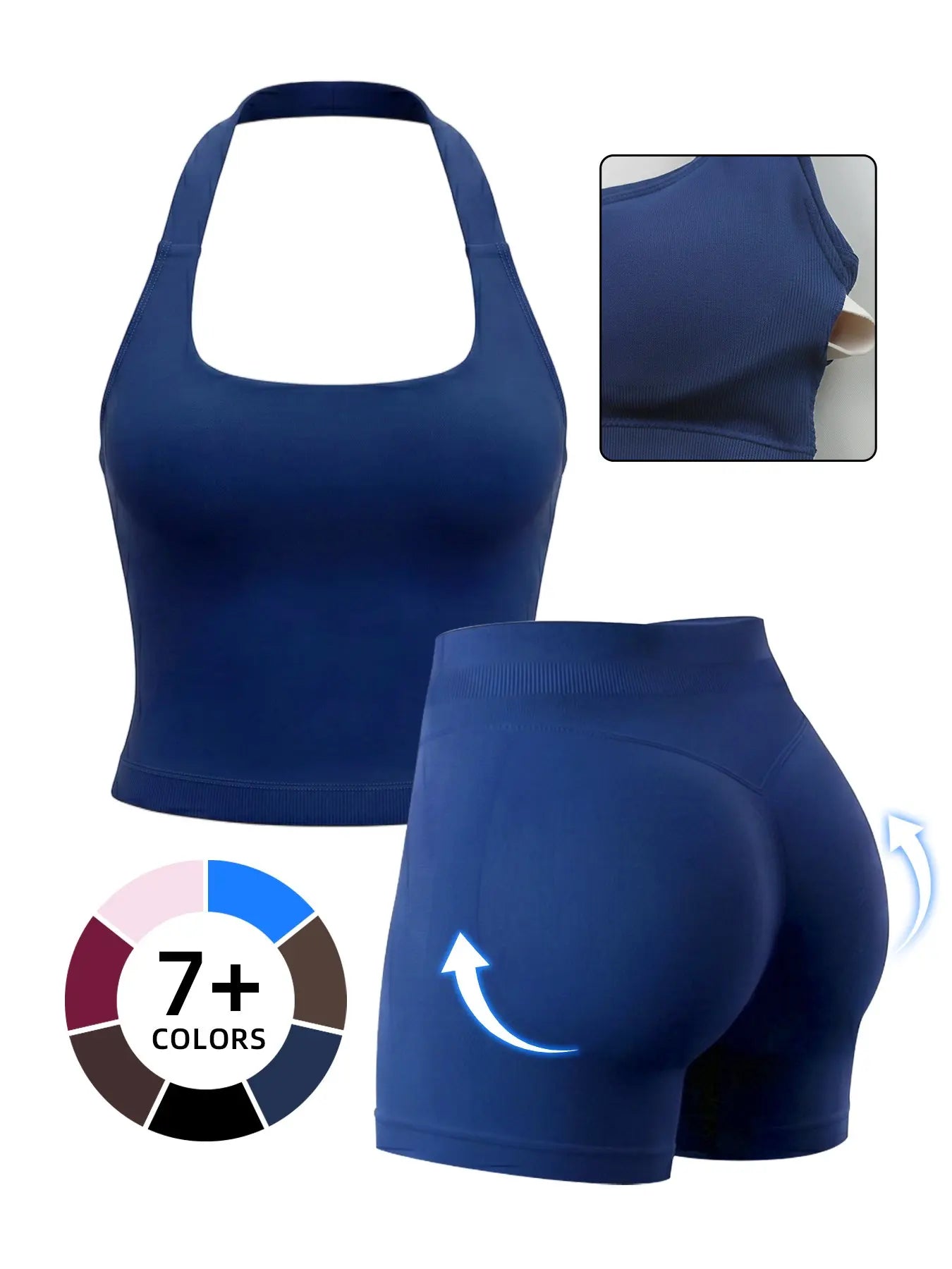 Women'S Yoga 2-Piece Set, Breathable Sporty Halter Top & High-Waisted Seamless Butt-Lift Shorts, Plain Color Athletic, Athleisure Summer Clothes