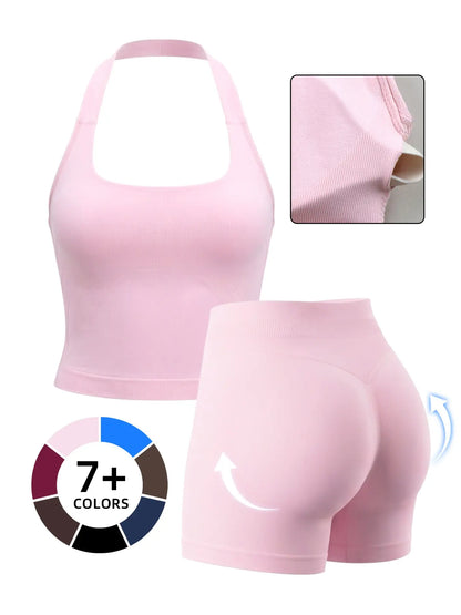 Women'S Yoga 2-Piece Set, Breathable Sporty Halter Top & High-Waisted Seamless Butt-Lift Shorts, Plain Color Athletic, Athleisure Summer Clothes