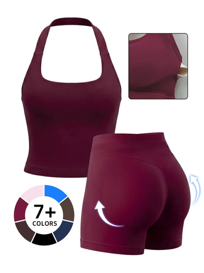 Women'S Yoga 2-Piece Set, Breathable Sporty Halter Top & High-Waisted Seamless Butt-Lift Shorts, Plain Color Athletic, Athleisure Summer Clothes