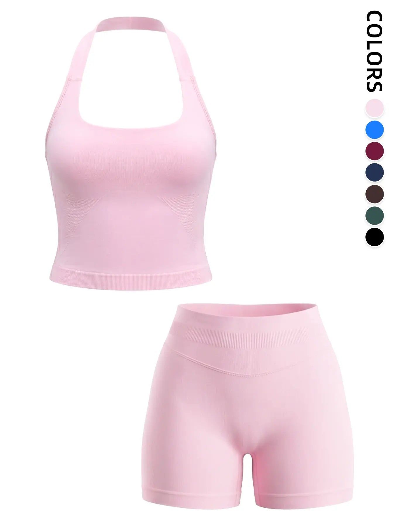 Women'S Yoga 2-Piece Set, Breathable Sporty Halter Top & High-Waisted Seamless Butt-Lift Shorts, Plain Color Athletic, Athleisure Summer Clothes
