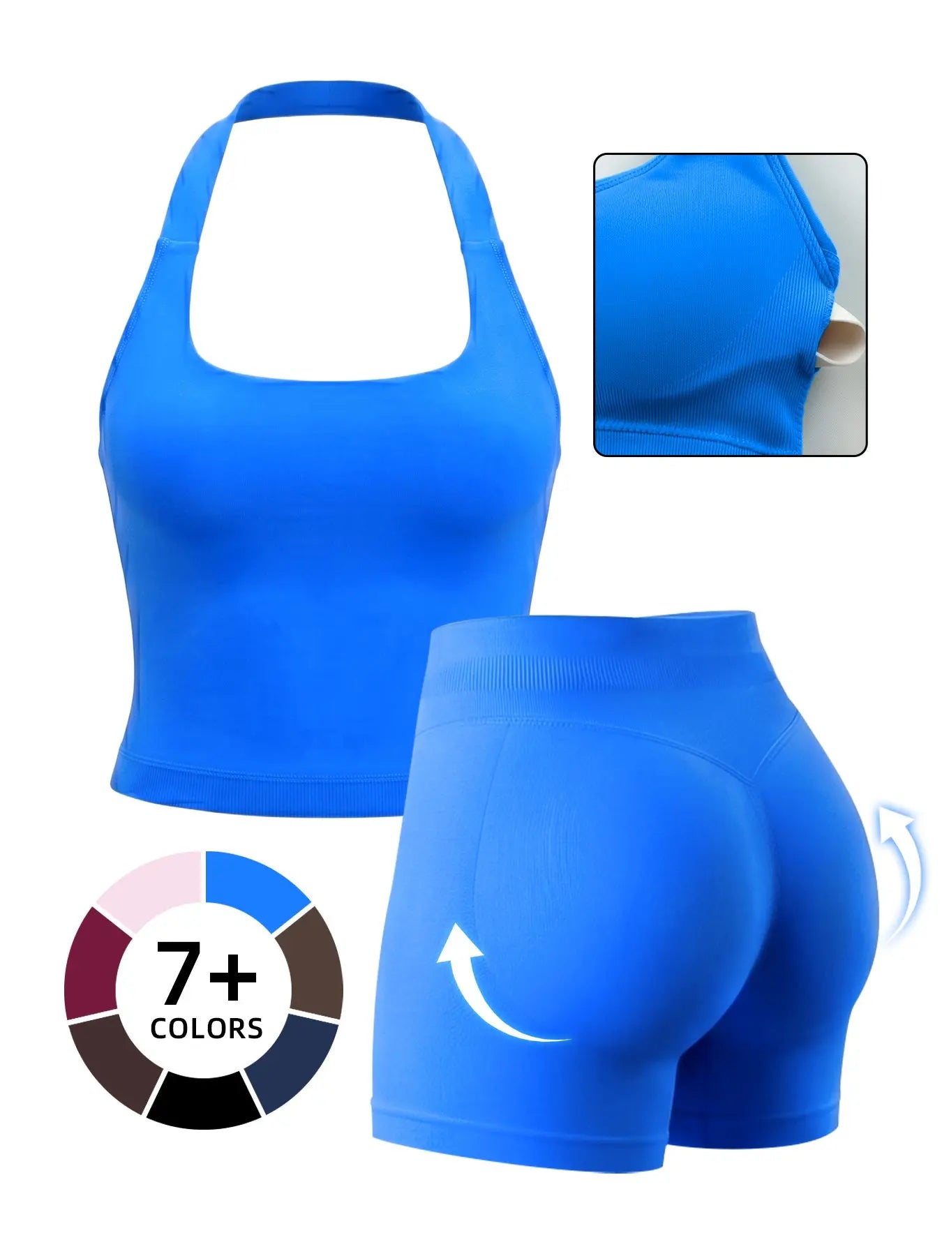 Women'S Yoga 2-Piece Set, Breathable Sporty Halter Top & High-Waisted Seamless Butt-Lift Shorts, Plain Color Athletic, Athleisure Summer Clothes